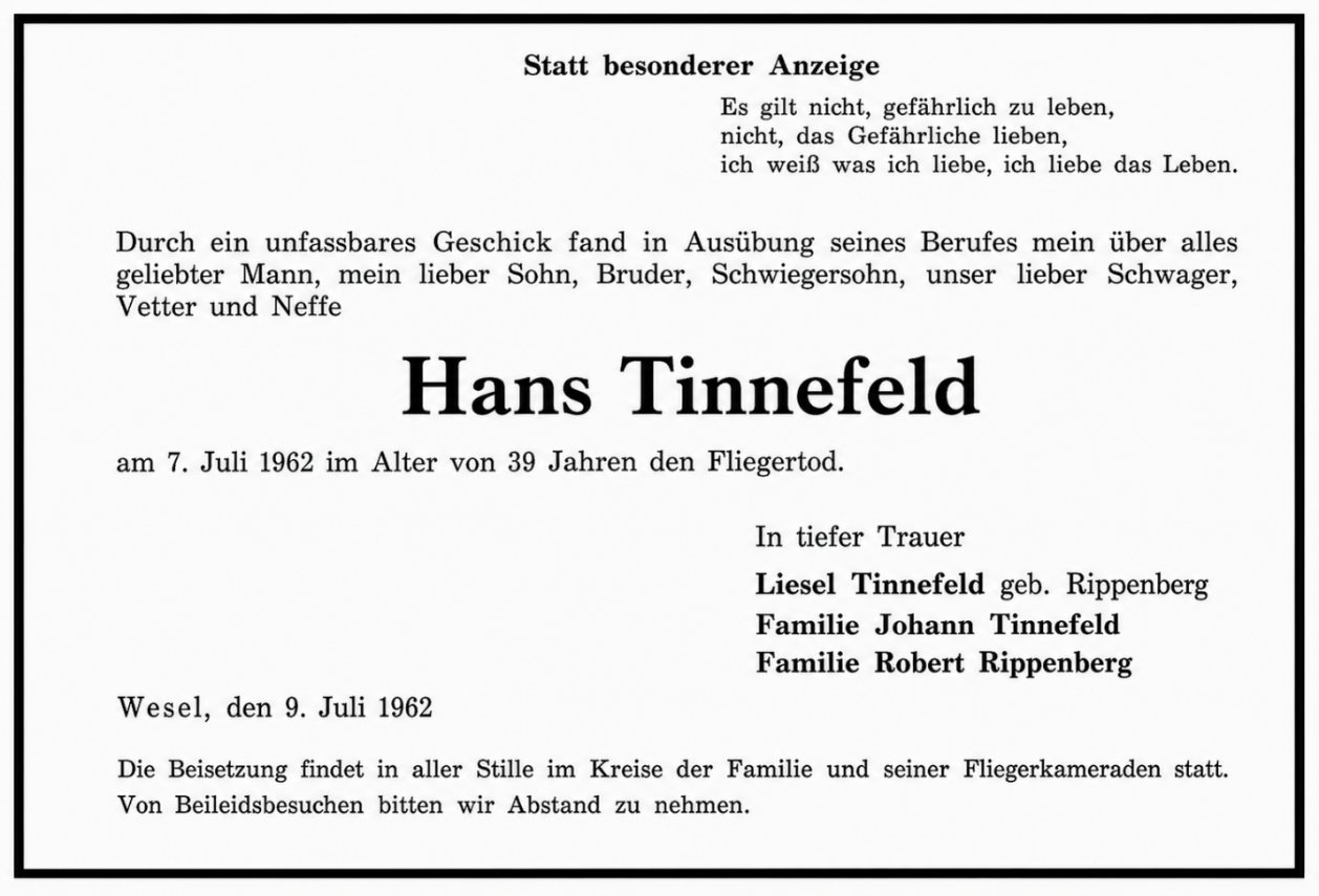 Abb. 13 · Todesanzeige von Hans Tinnefeld, in der Zeitung am 9. 7. 1962 erschienen.