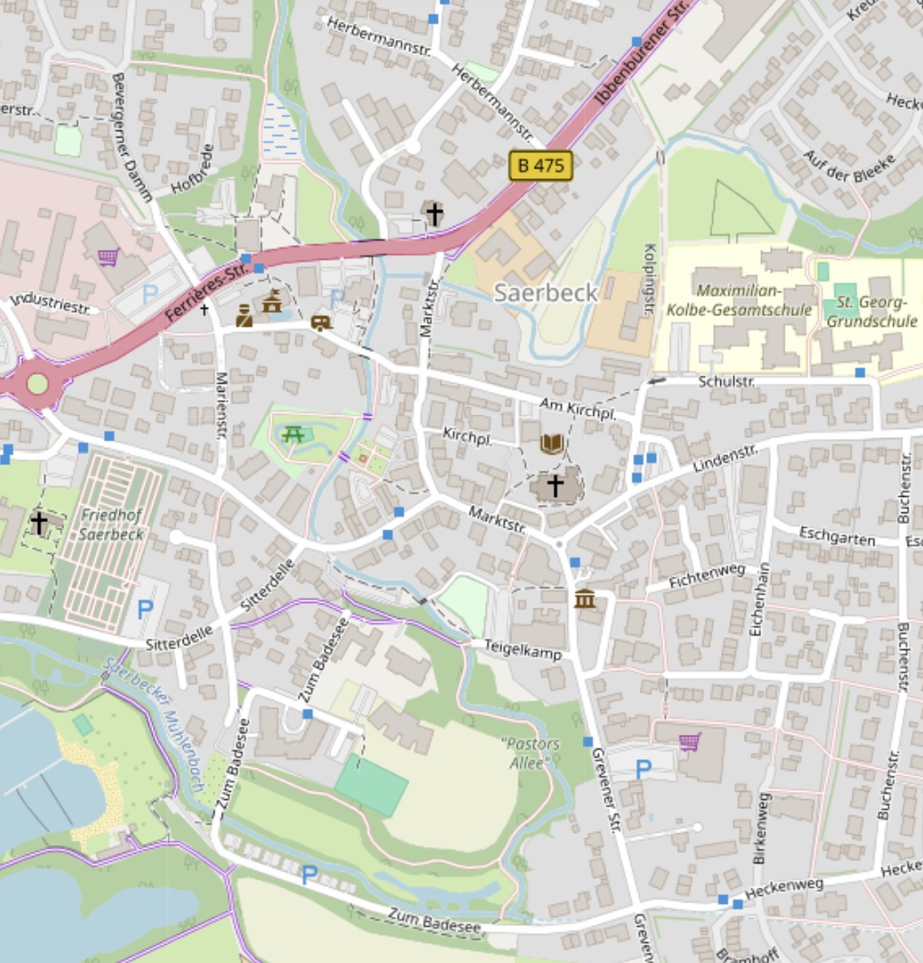 Wegkarte der Spökenkieker-Tour: der Weg durch Saerbeck mit allen 14 Stationen, Start und Ziel am Heimathaus.