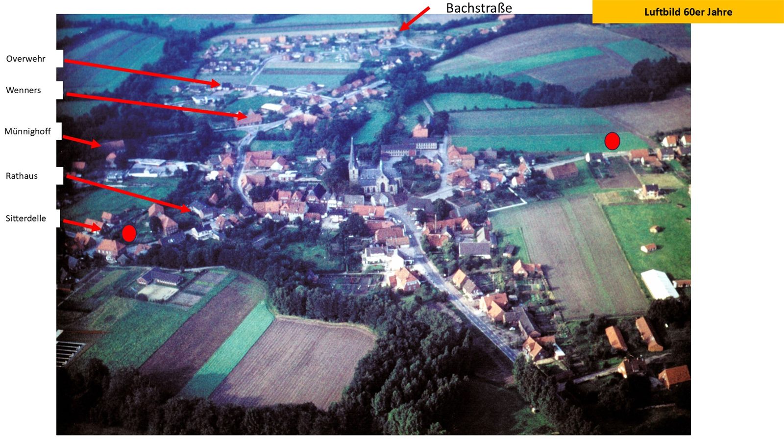 Luftbild 1965 mit Bachstraße, Sitterdelle, Münninghoff, Rathaus, Wenners, Overwehr